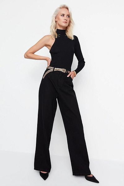 SHEVEGA Blugi negru cu talie înaltă din Lycra, anii 90, cu picioare largi, blugi boyfriend cu picioare largi