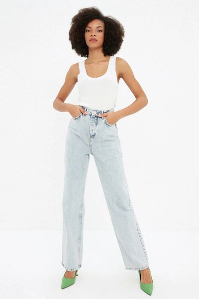 SHEVEGA Blue Lycra cu talie înaltă 90's Wide Leg Jeans Wide Leg Boyfriend Jeans