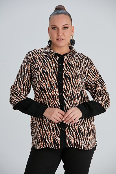 RMG Zebra Pattern Plus Size Black Shirt with Sleeve Detail