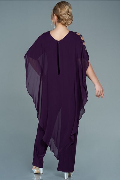 Abiyefon Plus Size DarK Purple Chiffon Evening Dress - Short Sleeve Jumpsuit Abt080