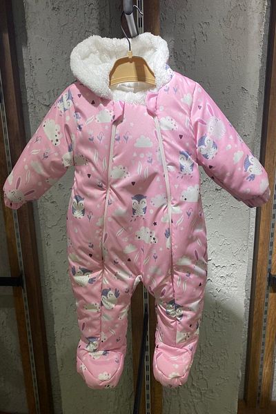 PODİUM GİYİM Cute Owl Rabbit Printed Cotton Footed Cosmonaut Jumpsuit Pink