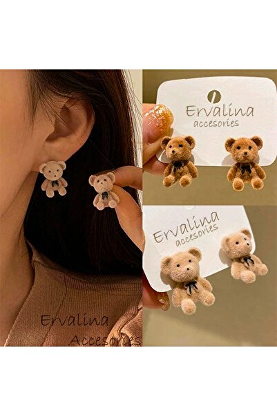 Ervalina حلق على شكل تيدي بير، حلق تيدي بير بلون كريمي، دب تيدي من القطيفة