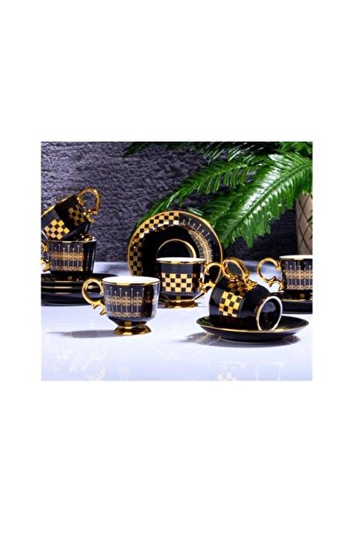 Kosova Ist-118 Porselen Ayaklı Kahve Fincan Takımı Black Checkers