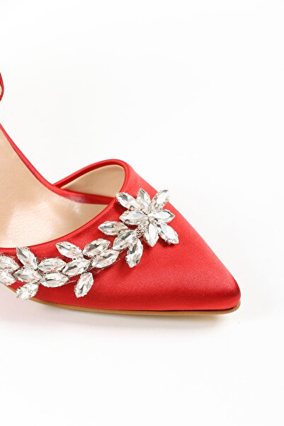 FORS SHOES Kadın Kırmızı Saten Taş Detaylı Şeffaf Topuk Kadın Topuklu Abiye Ayakkabı 7,5 Cm