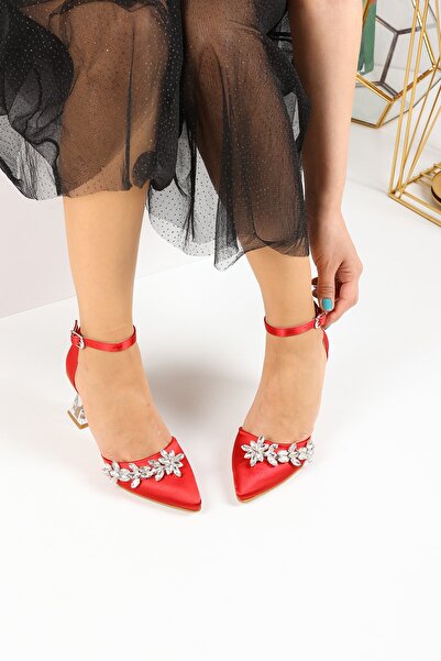 FORS SHOES Kadın Kırmızı Saten Taş Detaylı Şeffaf Topuk Kadın Topuklu Abiye Ayakkabı 7,5 Cm