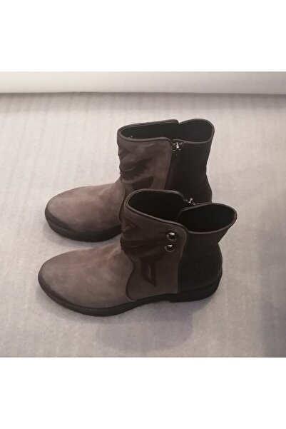 John May Kadın Hakiki Süet Vizon Deri Kahve Kombin Aplike Süslü Fermuarlı Kalın Kauçuk Tabanlı Bot