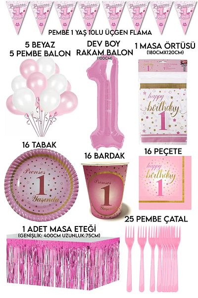 Parti dolabı 1 Year Old Girl Birthday Party Set for 16 People with Pink Numbers and White Balloons (plates, glasses, napkins etc.)