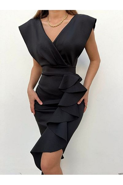 NKTCOLLECTİON Γυναικείο βραδινό φόρεμα μίντι μήκους μαύρο ύφασμα κατάδυσης με βολάν μπροστά 095