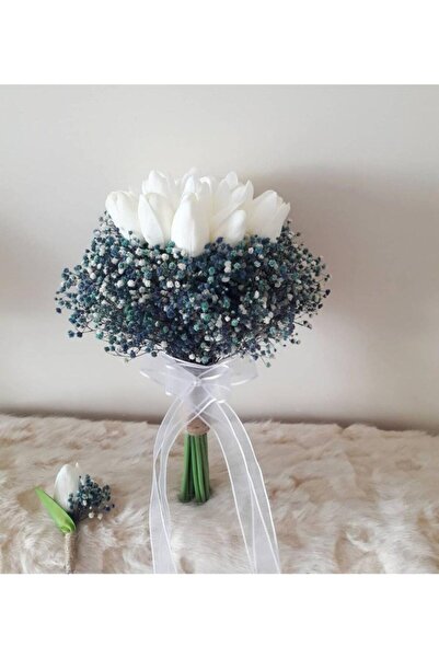 Hayalperest boncuk Islak Lale Gelin Buketi Mavi Cipsolu Damat Yaka Çiçeği