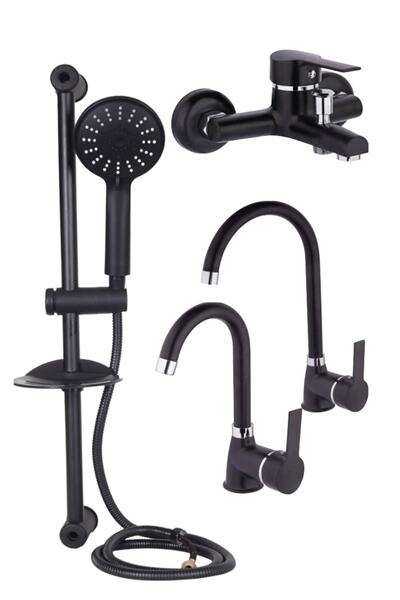 KCA ARMATÜR Kca Siyah Krom Sürgülü Duş, Mutfak, Banyo, Lavabo 4'lü Set