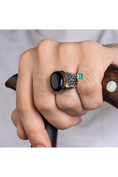 RevSilver 925 Ayar Gümüş Erkek Yüzük Akik Taşı Kehribar Taşlı Yüzük Nokta Des...