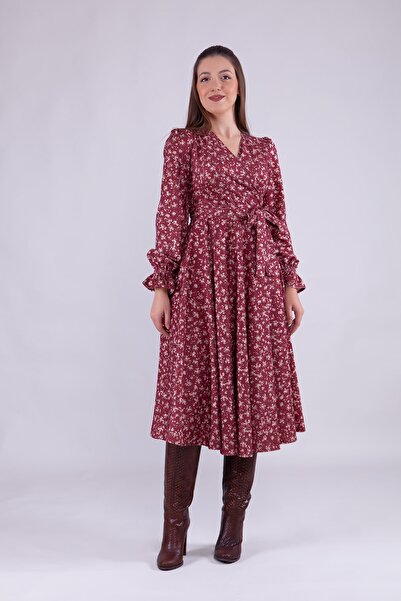 Bidoluelbise K Adın Çiçek Desenli Kadife Midi Boy Kruvaze Yaka Uzun Kol Elbise