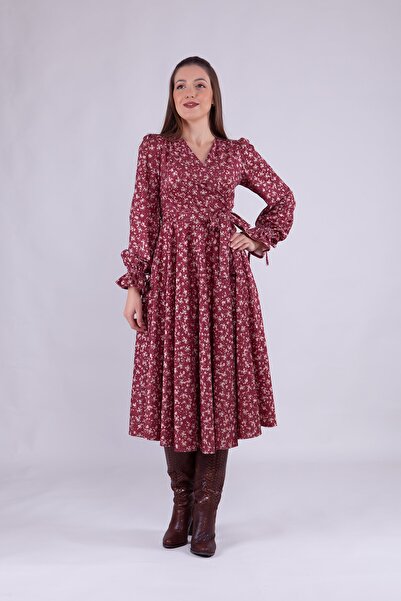 Bidoluelbise K Adın Çiçek Desenli Kadife Midi Boy Kruvaze Yaka Uzun Kol Elbise