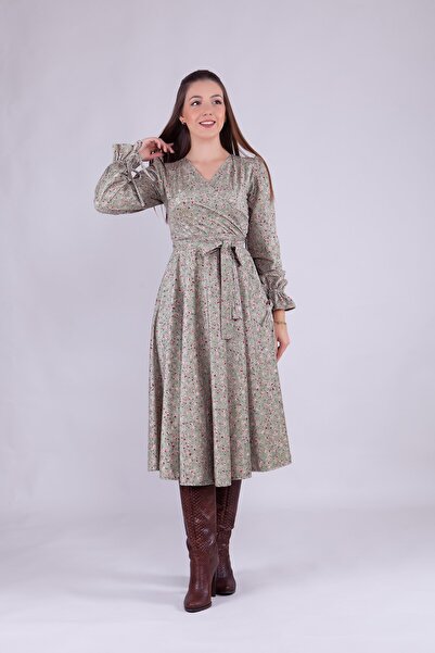 Bidoluelbise Γυναικείο φόρεμα με λουλουδάτο βελούδινο μίντι μήκους με διπλό γιακά μακρυμάνικο