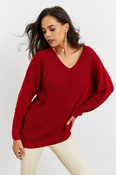 Cool & Sexy Γυναικείο Πλεκτό μπορντό με V λαιμόκοψη SMT158