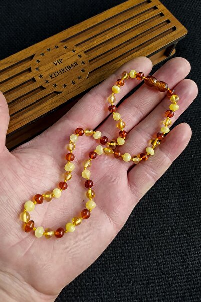 Vip Kehribar Kopya - Sertifikalı Bal Rengi Mavi Taşlı Kehribar Kolye Bebek Di...