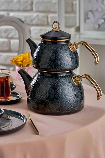 Neva N3233 Black Bitter Gülriz Enamel Teapot Set