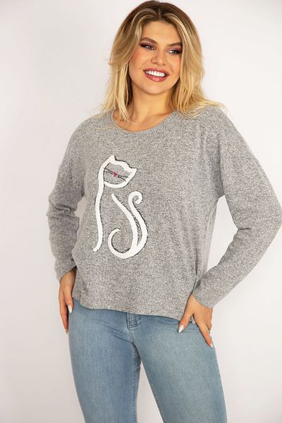 Şans Women's Plus Size Gray Front Embroidered Blouse 65n34847