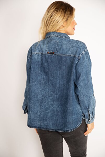 Şans Women's Large Size Blue Sleeve Adjustable Pocket Denim Shirt 65n34825