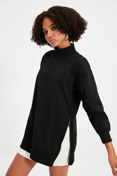 Trendyol Collection Черен дълъг плетен суитшърт с цип и стойка от вътрешната страна с широка форма и цип TWOAW20SW0322