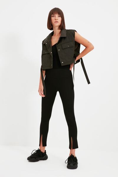 Trendyol Collection Colanți negri tricotate cu talie înaltă, cu detaliu cu fante în față TWOAW22TA0004