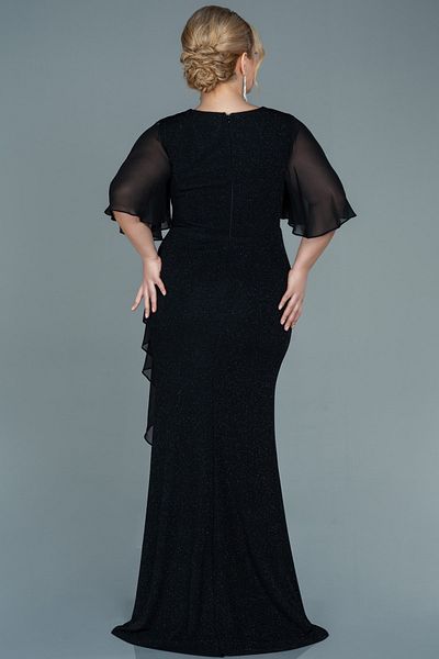 Abiyefon Black Long Plus Size Evening Dress with Flounced Skirt and Glitter - Abu2651