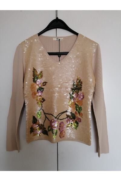 Butik Tülin Otantik Rayon Kemik El İşi Renkli Pul Çiçek Nakışlı Bluz