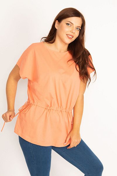 Şans Women's Large Size Orange Tunnel Lace-Up Low Sleeve Tunic 65n34793