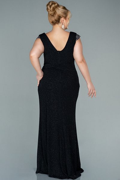 Abiyefon Black Leg Low-cut Long Glitter Plus Size Evening Dress Abu2438
