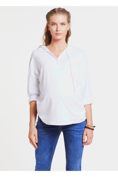 GEBE Kapüşonlu Beyaz Hamile Sweatshirtü Cruz