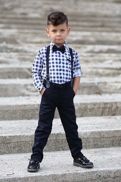By Terry Plaid Navy Blue Pattern Gabardine Trousers Suspender Kids Suit