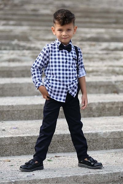 By Terry Plaid Navy Blue Pattern Gabardine Trousers Suspender Kids Suit