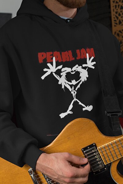 Advantage سويت شيرت بقلنسوة أسود بجيب الكنغر بشعار Pearl Jam للجنسين