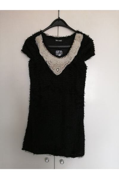 Butik Tülin Otantik Akrilik Siyah Inci Boncuk Işli Yakalı Tunik