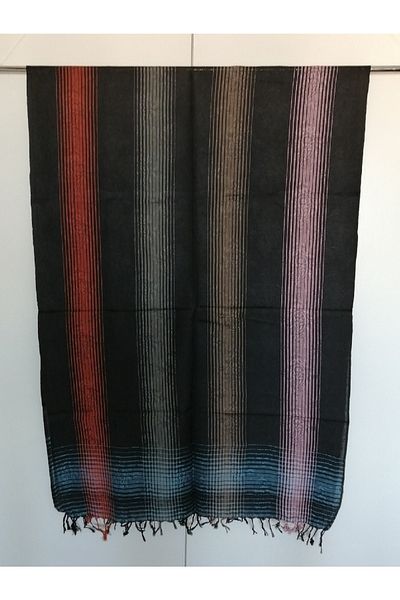 Butik Tülin Unisex Authentic Viscous Black Multi-Colored Striped Tasseled Wide Shawl 216x73 Cm Made in India