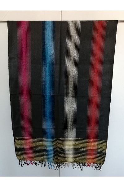 Butik Tülin Unisex Authentic Viscous Black Multi-Colored Striped Tasseled Wide Shawl 216x73 Cm Made in India