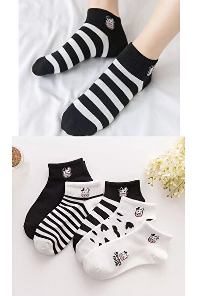 Atacık Çorap 5 Pairs of Women's Cow Patterned Half Booties Socks with 5 Diffe...