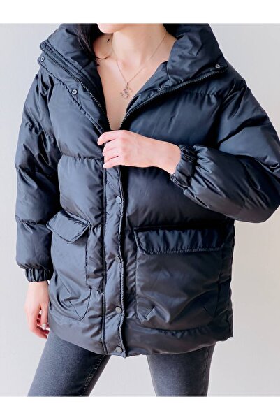 purple pi Women's Oversize Double Pocket Black Puffer Coat