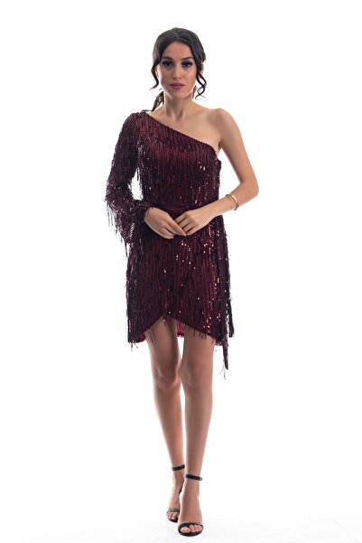 SELİN MODA EVİ Bordo Tek Kollu Saçaklı Mini Pul Payet Elbise