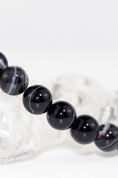Tesbih Atölyesi Certified Aaa Quality Natural Black Eye Agate Stone Bracelet - With Silver Device