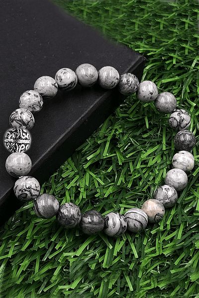 Tesbih Atölyesi Certified Patterned Map Jasper Stone Bracelet (with silver attachment)