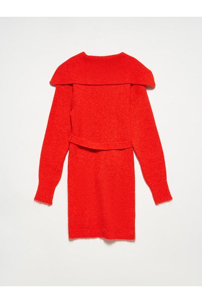 Dilvin 90125 Shirt Collar Ribbed Knitwear Dress-red