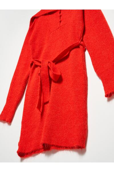 Dilvin 90125 Shirt Collar Ribbed Knitwear Dress-red