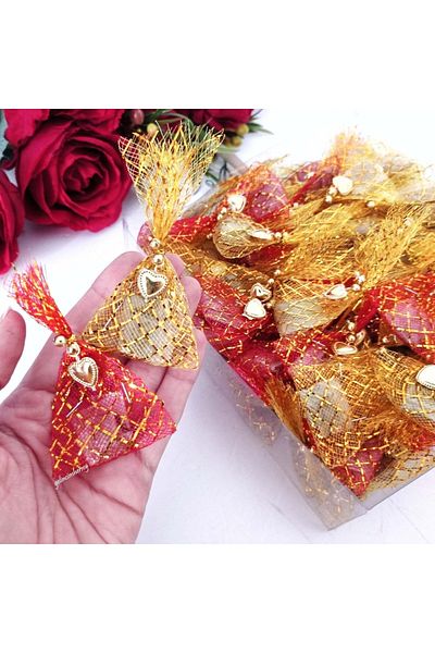 Gelincimherşey 100 Pieces Red Yellow Colored Packaged Gift Heart Mesh Henna