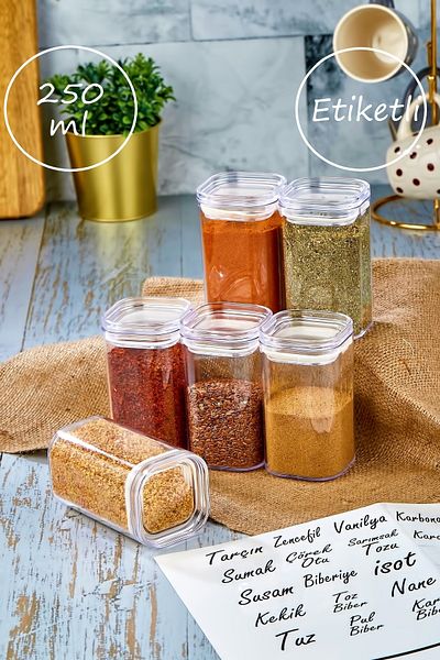 FBZhome 6-Piece Acrylic Spice Jar with Label 250 Ml Storage Container