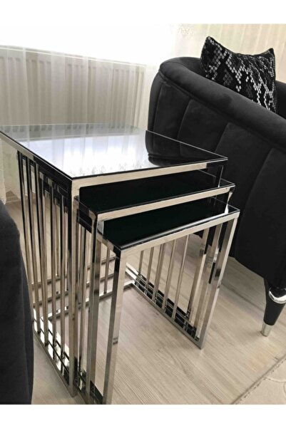 Evistro Dikdörtgen Cam Zigon Sehpa 3 Lü Krom Kaplama Füme Cam