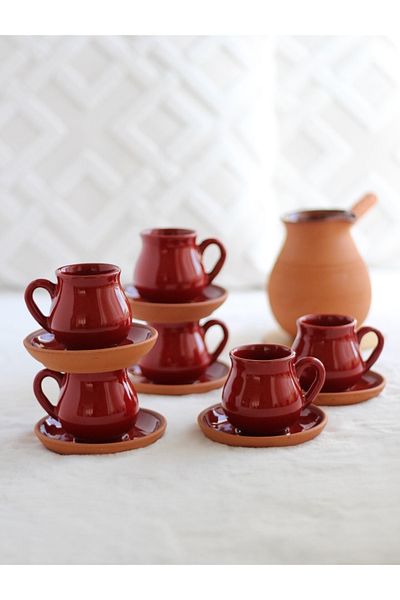 Toprak Ürünler Tulip Sechs-Person Cup and Coffee Pot Set (red)