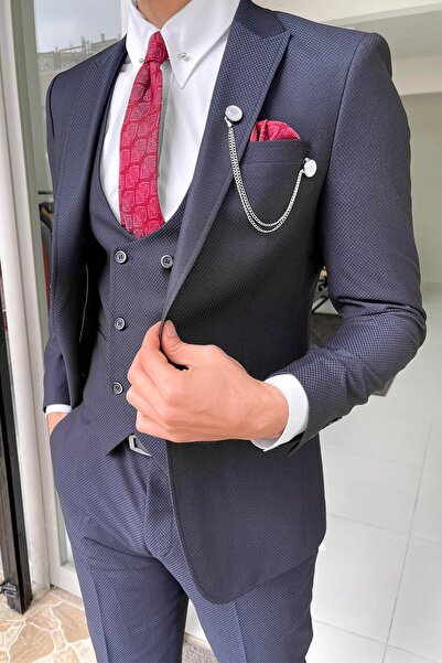 NAZEF Slim-Fit, Self-Patterned, Pointed Collar, Woolen Men's Suit with Vest