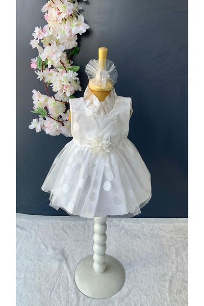Harry&Millie Pompom Baby White Polka Dot Baby Girl Dress 6 Months