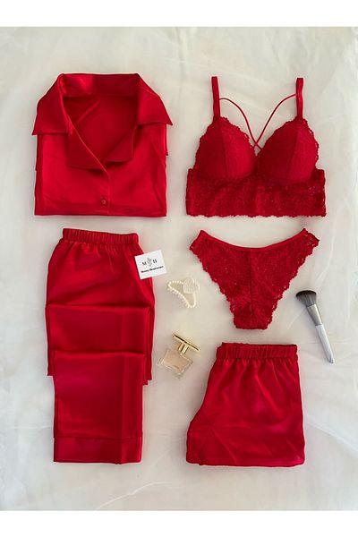 MH Moony Homewears Raso Rosso Love 5-Piece Satin Pajama Underwear Dowry Set
